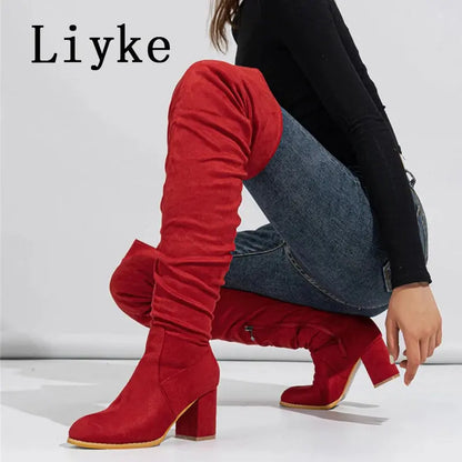 Liyke 2024 New Fashion Round Toe Zip Thigh High Boots Women Autumn Winter Chunky Heels Motorcycle Over The Knee Shoe Botas Mujer FZwear