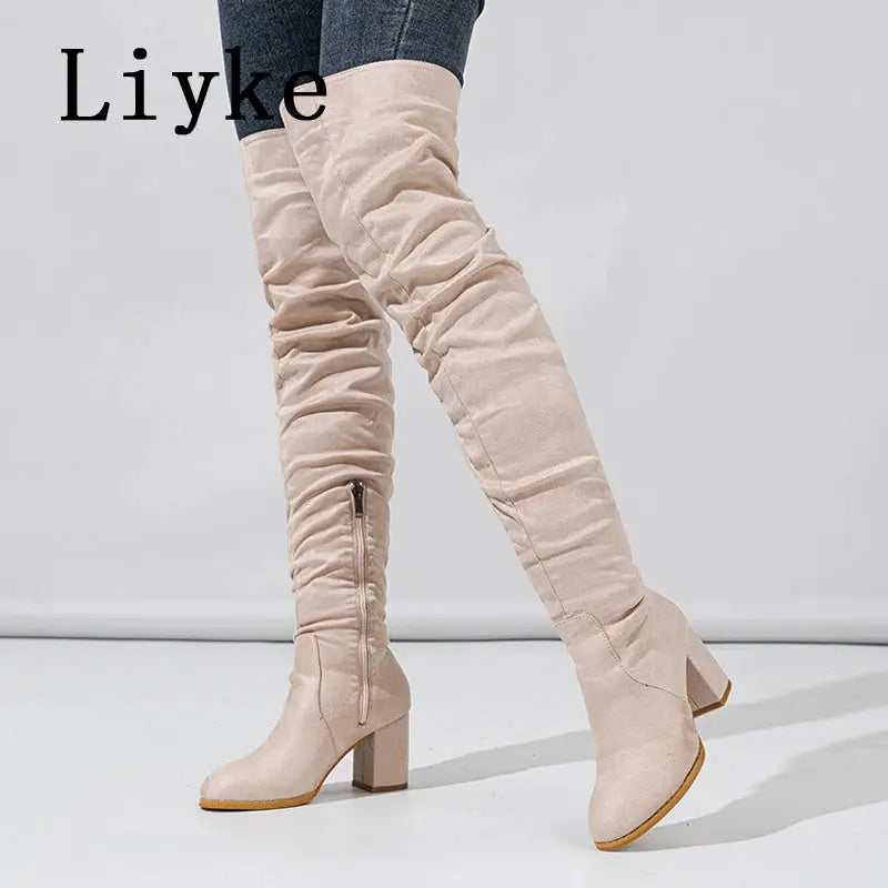 Liyke 2024 New Fashion Round Toe Zip Thigh High Boots Women Autumn Winter Chunky Heels Motorcycle Over The Knee Shoe Botas Mujer FZwear