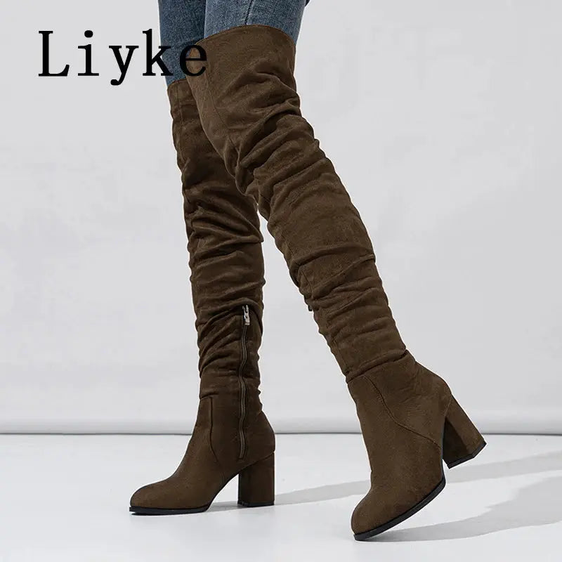 Liyke 2024 New Fashion Round Toe Zip Thigh High Boots Women Autumn Winter Chunky Heels Motorcycle Over The Knee Shoe Botas Mujer FZwear