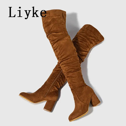 Liyke 2024 New Fashion Round Toe Zip Thigh High Boots Women Autumn Winter Chunky Heels Motorcycle Over The Knee Shoe Botas Mujer FZwear