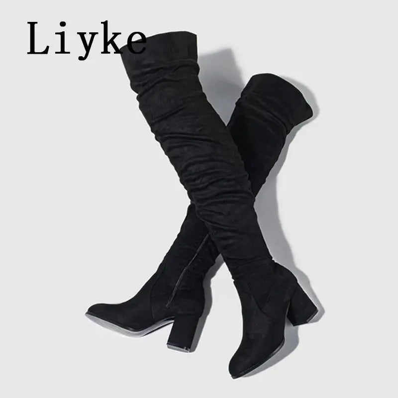 FZ Women's Round Toe Zip Thigh High Chunky Heel Boots