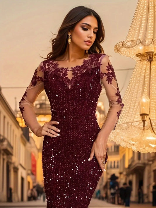 Long Sleeve Evening Maxi Dress Prom Gown for Women Green Burgundy Hollow Out Lace Patchwork Sequin FZwear