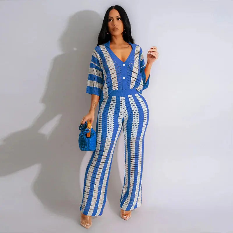 FZ Women's Loose Knit Striped Hollow Out Lapel Button Elastic Pants Suit