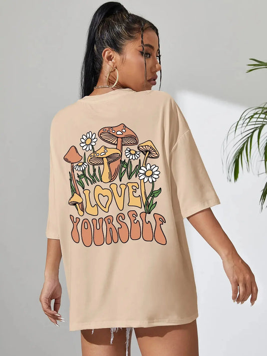 Love Yourself Grow Wantonly Cotton Prints Woman T-Shirt Essential Daily T-Shirt Personality Funny Short Sleeve Oversized Tshirts FZwear