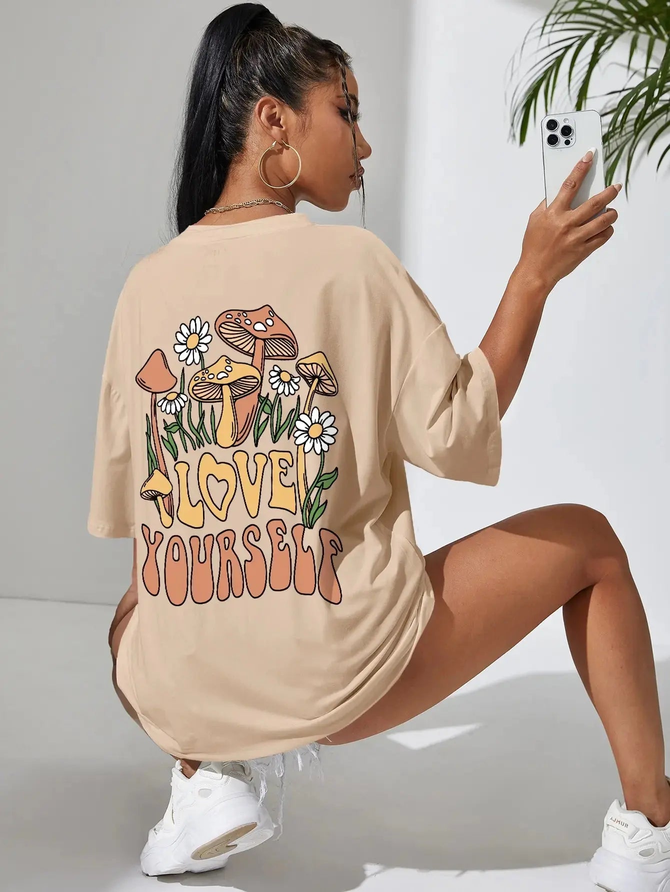 Love Yourself Grow Wantonly Cotton Prints Woman T-Shirt Essential Daily T-Shirt Personality Funny Short Sleeve Oversized Tshirts FZwear