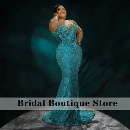 Luxury Mermaid Green Evening Dress 2023 Sheer Sleeves Elegant Beads Crystals Sequins Lace Aso Ebi Prom Wedding Party Gowns Robe FZwear