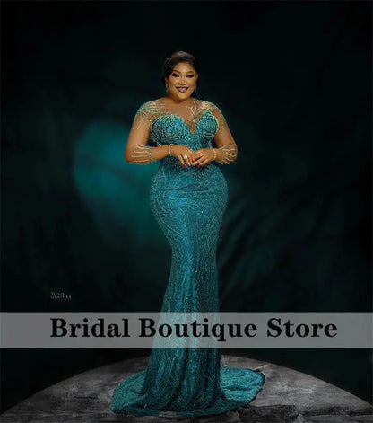 Luxury Mermaid Green Evening Dress 2023 Sheer Sleeves Elegant Beads Crystals Sequins Lace Aso Ebi Prom Wedding Party Gowns Robe FZwear