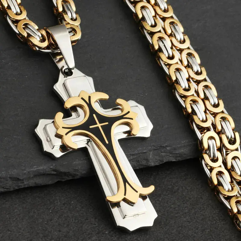 Male Vintage Christian Trinity Latin Cross Necklace Multi-layers Stainless Steel Cross Pendants Necklaces Catholic  Jewelry FZwear