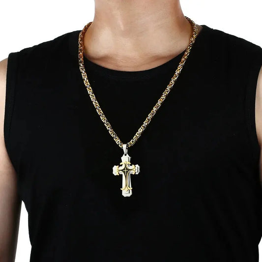 Male Vintage Christian Trinity Latin Cross Necklace Multi-layers Stainless Steel Cross Pendants Necklaces Catholic  Jewelry FZwear