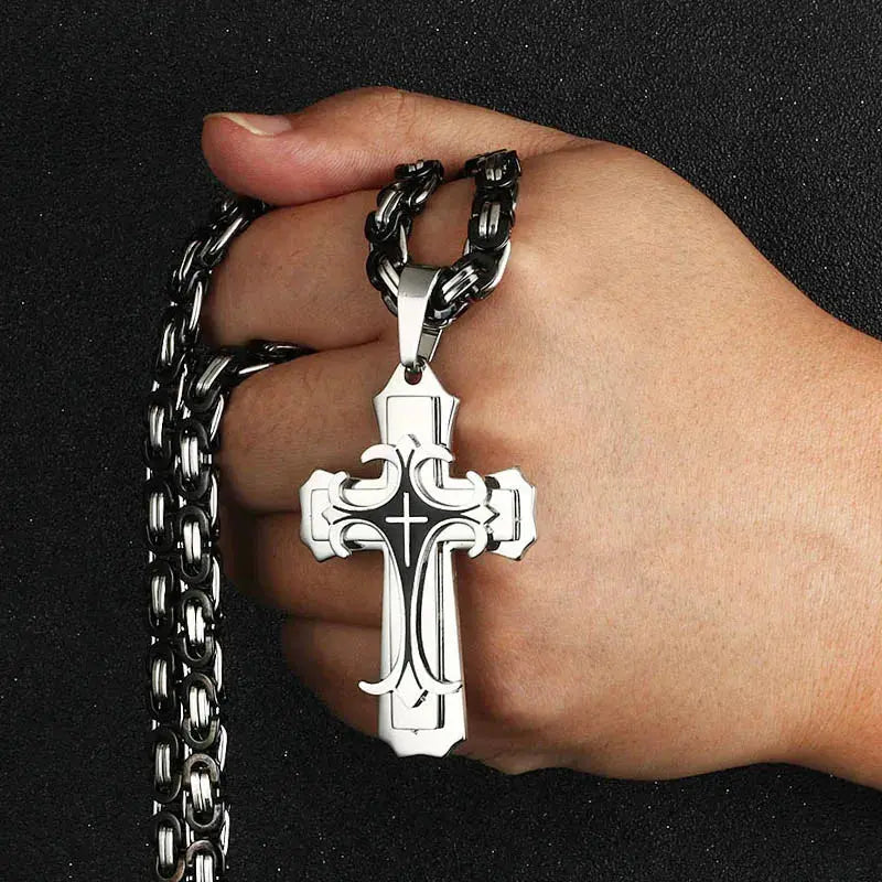 Male Vintage Christian Trinity Latin Cross Necklace Multi-layers Stainless Steel Cross Pendants Necklaces Catholic  Jewelry FZwear