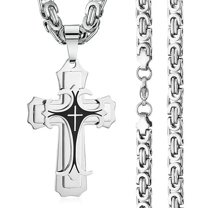 Male Vintage Christian Trinity Latin Cross Necklace Multi-layers Stainless Steel Cross Pendants Necklaces Catholic  Jewelry FZwear