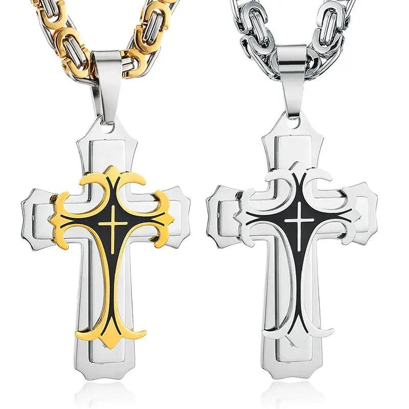 Male Vintage Christian Trinity Latin Cross Necklace Multi-layers Stainless Steel Cross Pendants Necklaces Catholic  Jewelry FZwear