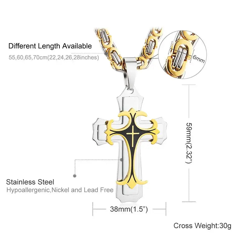 Male Vintage Christian Trinity Latin Cross Necklace Multi-layers Stainless Steel Cross Pendants Necklaces Catholic  Jewelry FZwear