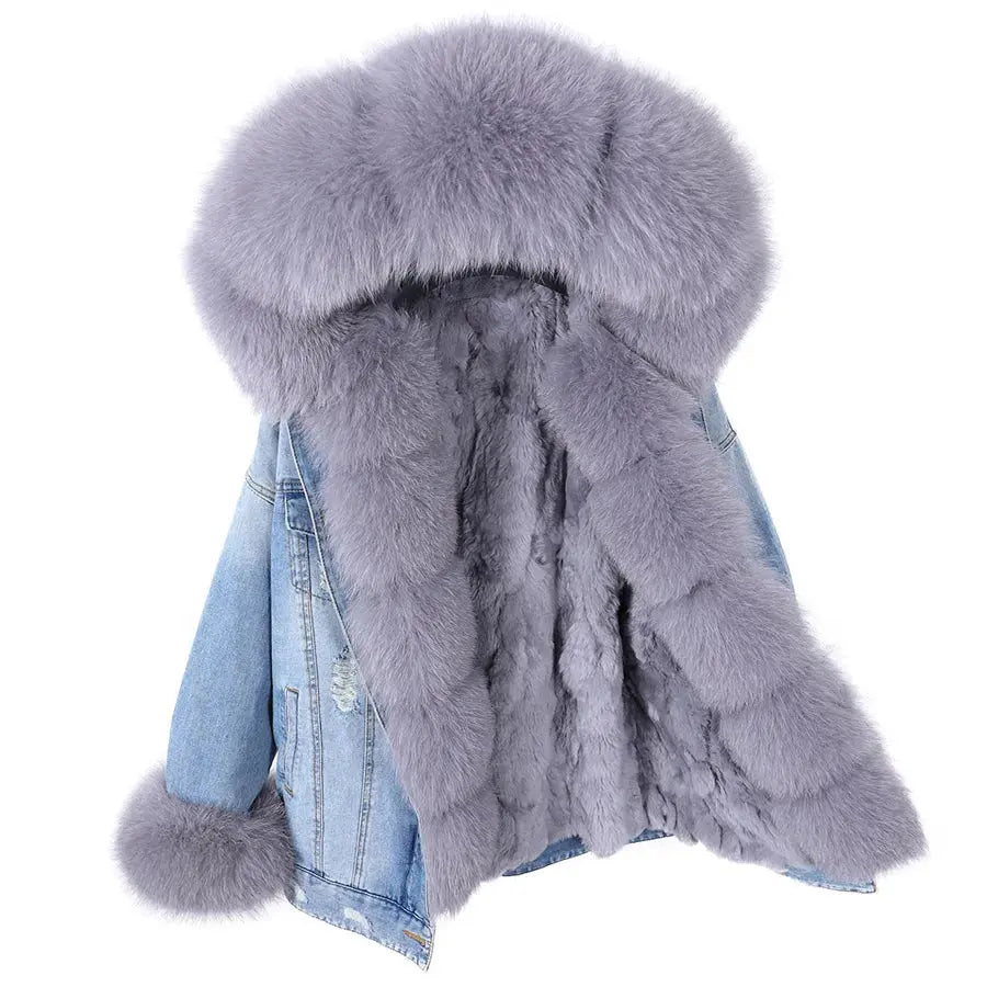 Maomaokong Denim Jacket Parka Winter Women Parkas Real Fur Collar Coat Natural Raccoon Fur Hood Real Rabbit Fur Liner Luxury FZwear