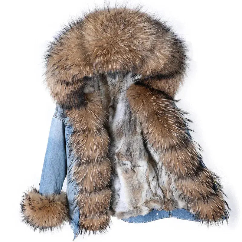 Maomaokong Denim Jacket Parka Winter Women Parkas Real Fur Collar Coat Natural Raccoon Fur Hood Real Rabbit Fur Liner Luxury FZwear