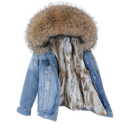 Maomaokong Denim Jacket Parka Winter Women Parkas Real Fur Collar Coat Natural Raccoon Fur Hood Real Rabbit Fur Liner Luxury FZwear