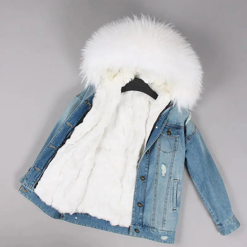 Maomaokong Denim Jacket Parka Winter Women Parkas Real Fur Collar Coat Natural Raccoon Fur Hood Real Rabbit Fur Liner Luxury FZwear