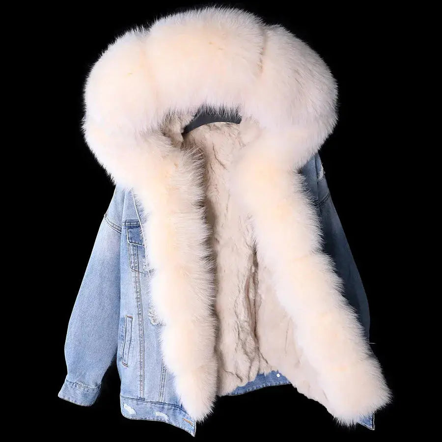 Maomaokong Denim Jacket Parka Winter Women Parkas Real Fur Collar Coat Natural Raccoon Fur Hood Real Rabbit Fur Liner Luxury FZwear