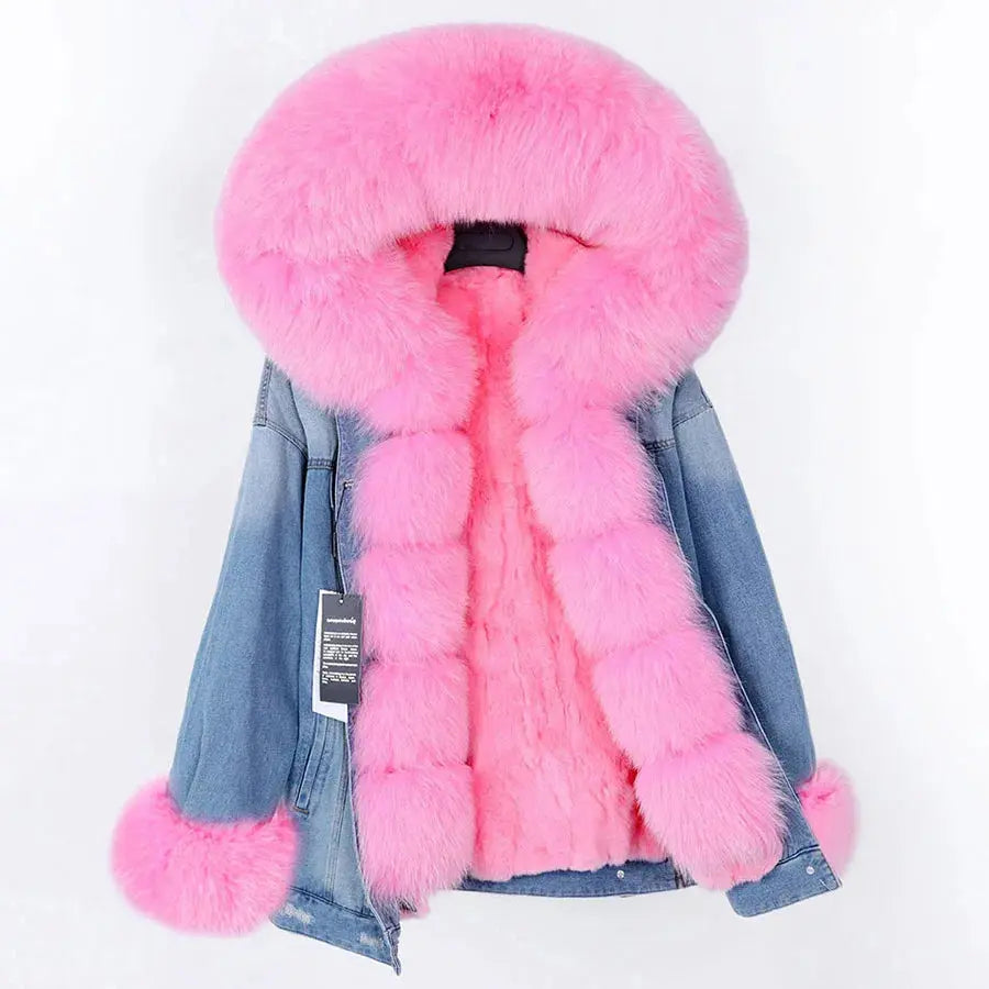 Maomaokong Denim Jacket Parka Winter Women Parkas Real Fur Collar Coat Natural Raccoon Fur Hood Real Rabbit Fur Liner Luxury FZwear