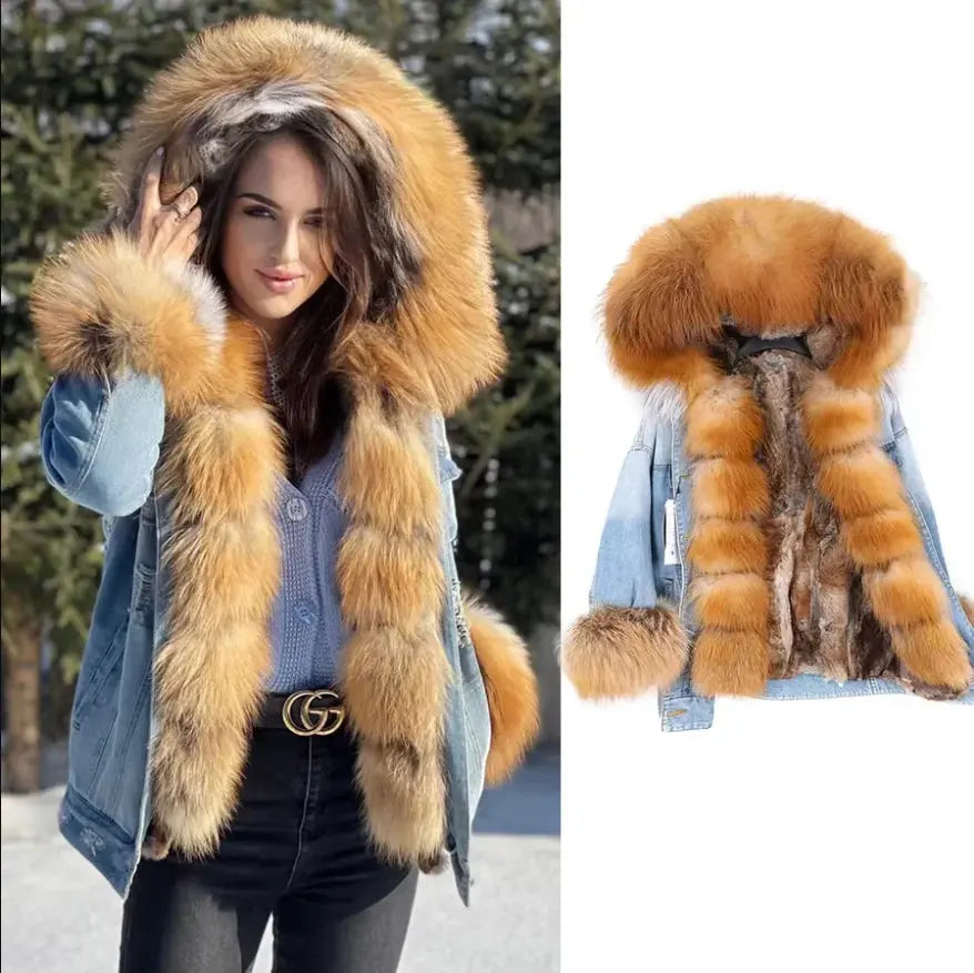 Maomaokong Denim Jacket Parka Winter Women Parkas Real Fur Collar Coat Natural Raccoon Fur Hood Real Rabbit Fur Liner Luxury FZwear