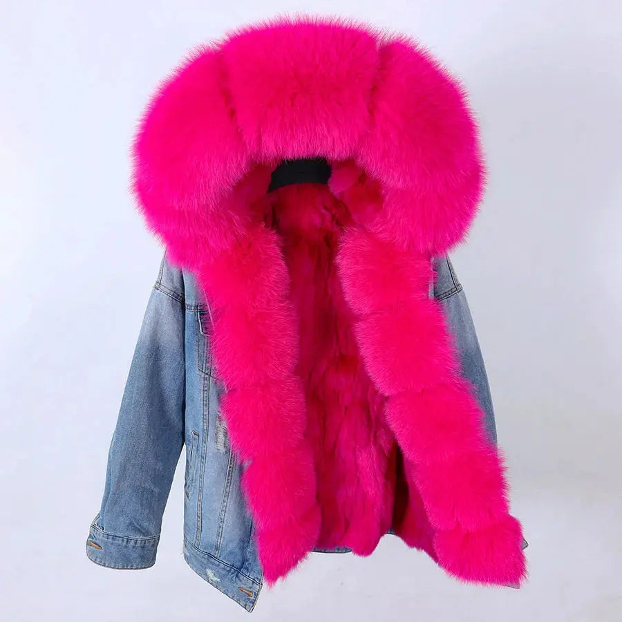 Maomaokong Denim Jacket Parka Winter Women Parkas Real Fur Collar Coat Natural Raccoon Fur Hood Real Rabbit Fur Liner Luxury FZwear