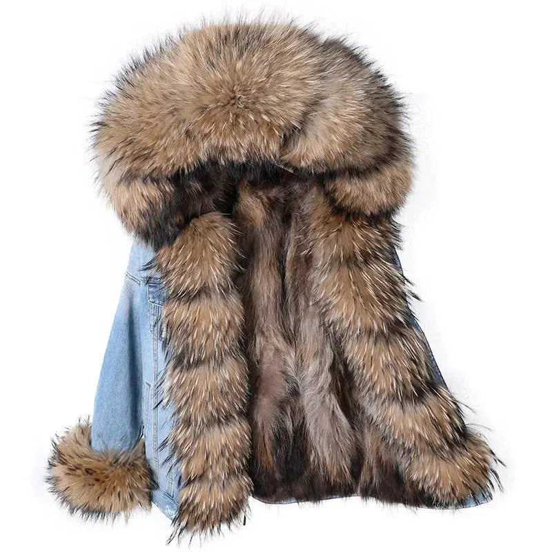 Maomaokong Denim Jacket Parka Winter Women Parkas Real Fur Collar Coat Natural Raccoon Fur Hood Real Rabbit Fur Liner Luxury FZwear