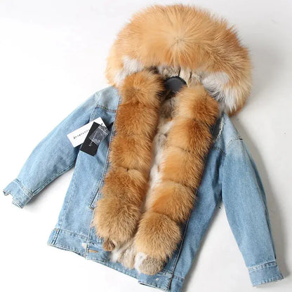 Maomaokong Denim Jacket Parka Winter Women Parkas Real Fur Collar Coat Natural Raccoon Fur Hood Real Rabbit Fur Liner Luxury FZwear