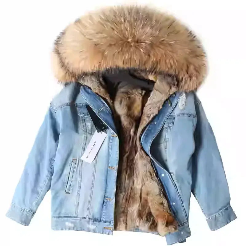 Maomaokong Denim Jacket Parka Winter Women Parkas Real Fur Collar Coat Natural Raccoon Fur Hood Real Rabbit Fur Liner Luxury FZwear