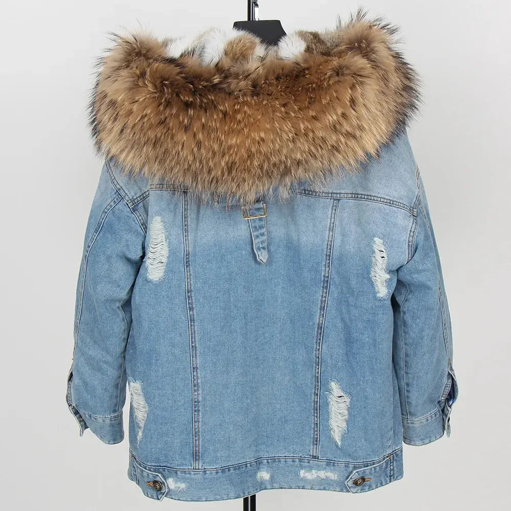 Maomaokong Denim Jacket Parka Winter Women Parkas Real Fur Collar Coat Natural Raccoon Fur Hood Real Rabbit Fur Liner Luxury FZwear