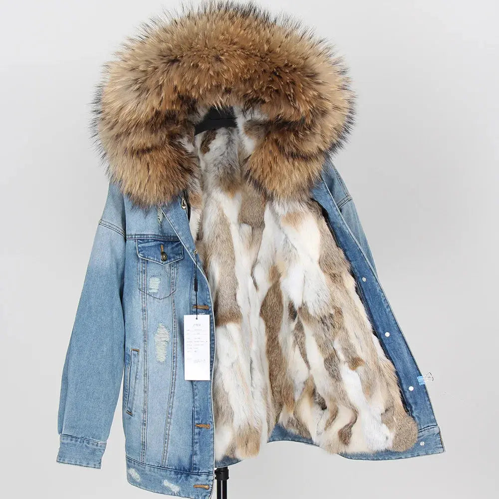 Maomaokong Denim Jacket Parka Winter Women Parkas Real Fur Collar Coat Natural Raccoon Fur Hood Real Rabbit Fur Liner Luxury FZwear