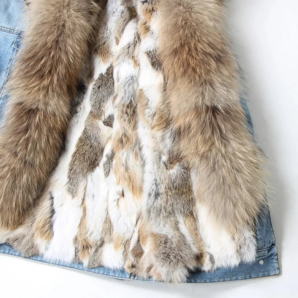 Maomaokong Denim Jacket Parka Winter Women Parkas Real Fur Collar Coat Natural Raccoon Fur Hood Real Rabbit Fur Liner Luxury FZwear