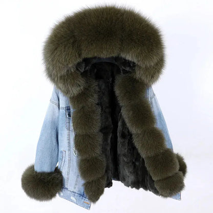 Maomaokong Denim Jacket Parka Winter Women Parkas Real Fur Collar Coat Natural Raccoon Fur Hood Real Rabbit Fur Liner Luxury FZwear