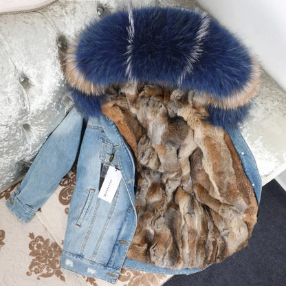 Maomaokong Denim Jacket Parka Winter Women Parkas Real Fur Collar Coat Natural Raccoon Fur Hood Real Rabbit Fur Liner Luxury FZwear