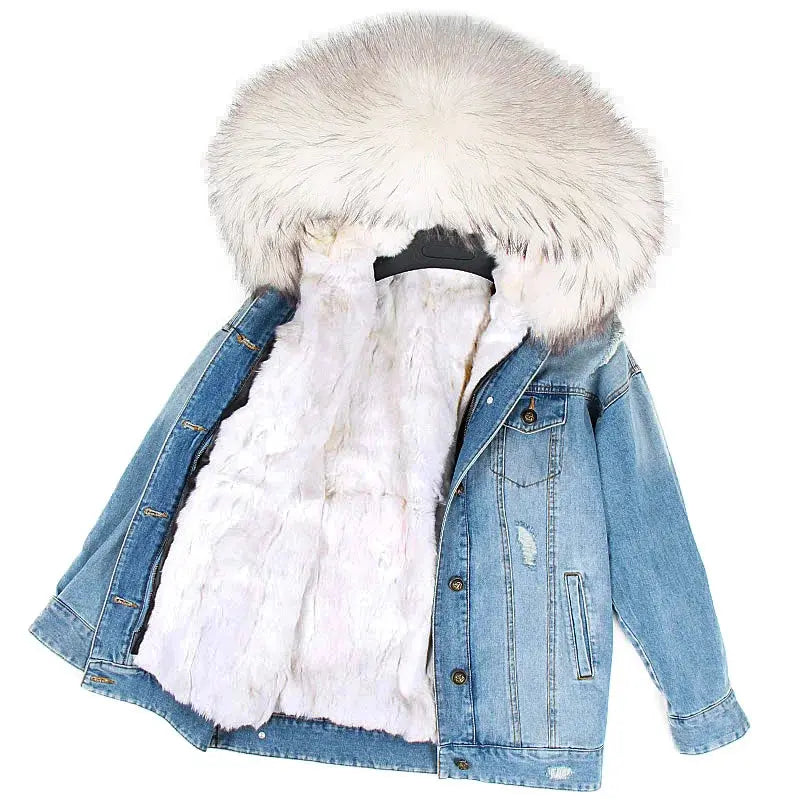 Maomaokong Denim Jacket Parka Winter Women Parkas Real Fur Collar Coat Natural Raccoon Fur Hood Real Rabbit Fur Liner Luxury FZwear