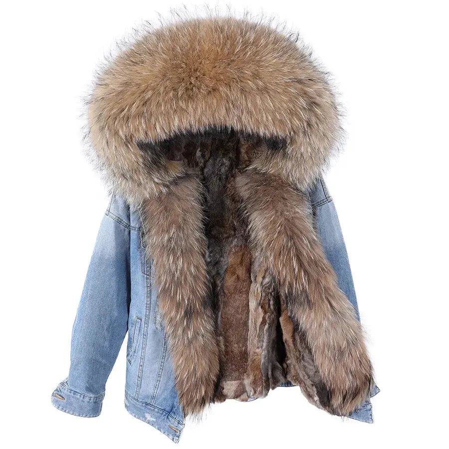 Maomaokong Denim Jacket Parka Winter Women Parkas Real Fur Collar Coat Natural Raccoon Fur Hood Real Rabbit Fur Liner Luxury FZwear