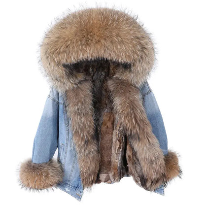 Maomaokong Denim Jacket Parka Winter Women Parkas Real Fur Collar Coat Natural Raccoon Fur Hood Real Rabbit Fur Liner Luxury FZwear