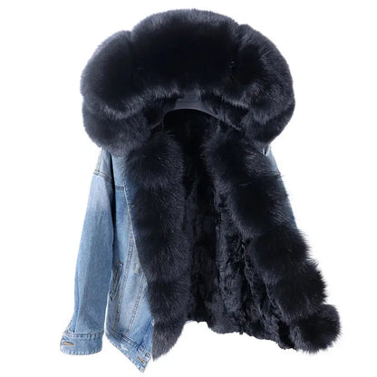 Maomaokong Denim Jacket Parka Winter Women Parkas Real Fur Collar Coat Natural Raccoon Fur Hood Real Rabbit Fur Liner Luxury FZwear