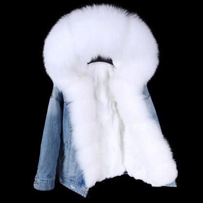 Maomaokong Denim Jacket Parka Winter Women Parkas Real Fur Collar Coat Natural Raccoon Fur Hood Real Rabbit Fur Liner Luxury FZwear