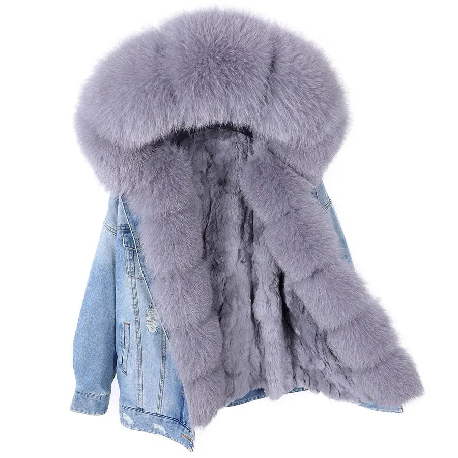 Maomaokong Denim Jacket Parka Winter Women Parkas Real Fur Collar Coat Natural Raccoon Fur Hood Real Rabbit Fur Liner Luxury FZwear