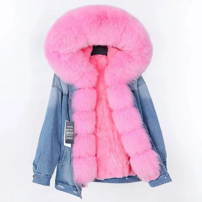 Maomaokong Denim Jacket Parka Winter Women Parkas Real Fur Collar Coat Natural Raccoon Fur Hood Real Rabbit Fur Liner Luxury FZwear