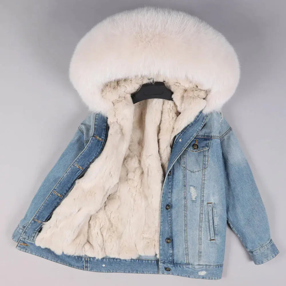 Maomaokong Denim Jacket Parka Winter Women Parkas Real Fur Collar Coat Natural Raccoon Fur Hood Real Rabbit Fur Liner Luxury FZwear