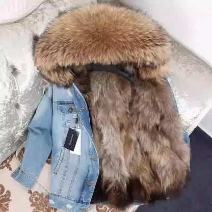 Maomaokong Denim Jacket Parka Winter Women Parkas Real Fur Collar Coat Natural Raccoon Fur Hood Real Rabbit Fur Liner Luxury FZwear