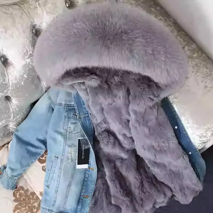 Maomaokong Denim Jacket Parka Winter Women Parkas Real Fur Collar Coat Natural Raccoon Fur Hood Real Rabbit Fur Liner Luxury FZwear