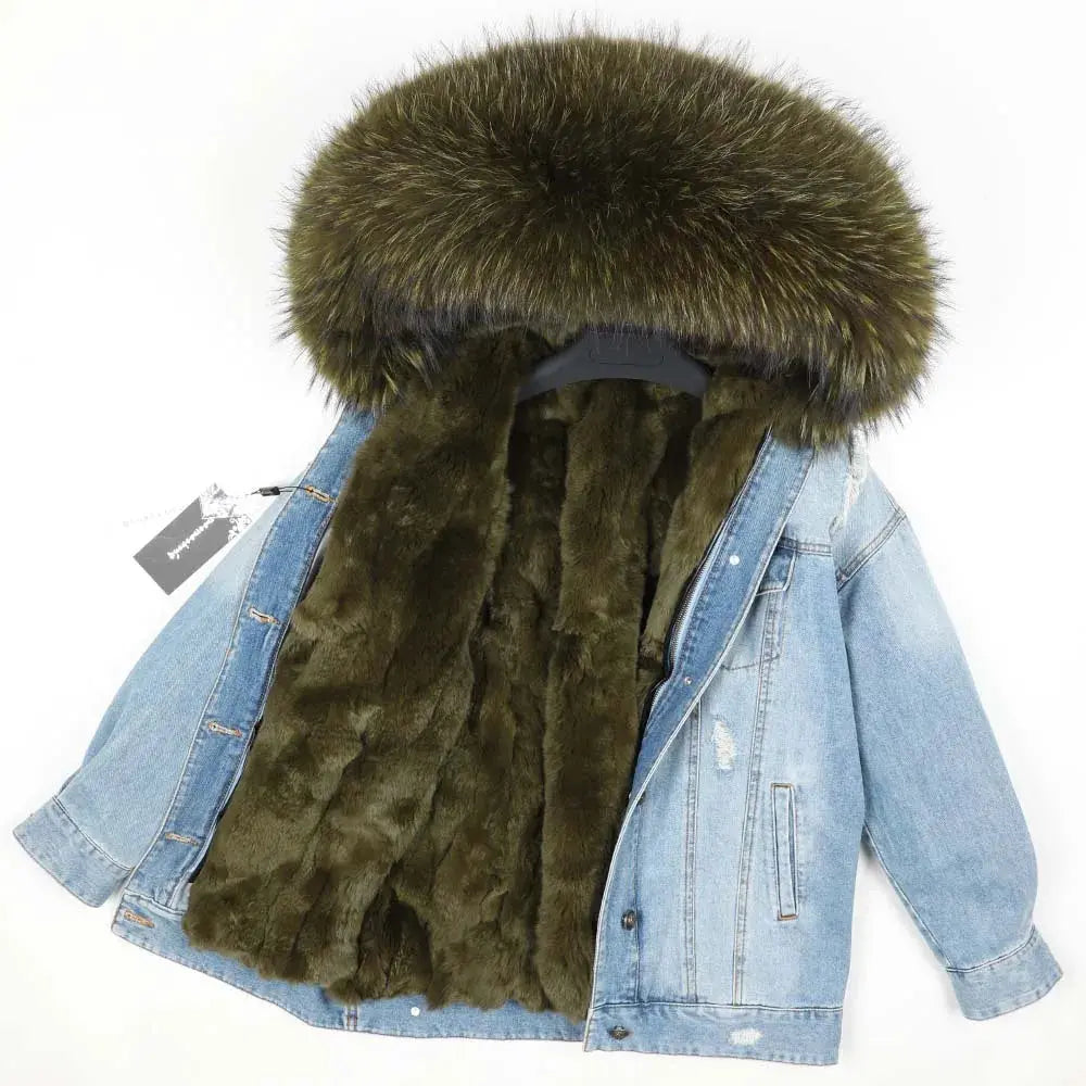 Maomaokong Denim Jacket Parka Winter Women Parkas Real Fur Collar Coat Natural Raccoon Fur Hood Real Rabbit Fur Liner Luxury FZwear