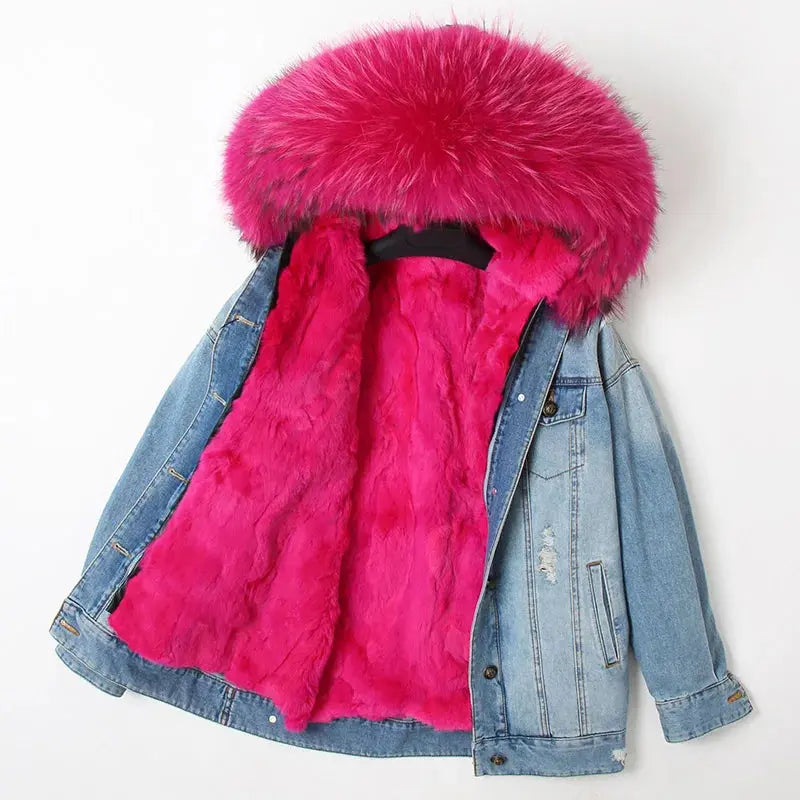 Maomaokong Denim Jacket Parka Winter Women Parkas Real Fur Collar Coat Natural Raccoon Fur Hood Real Rabbit Fur Liner Luxury FZwear