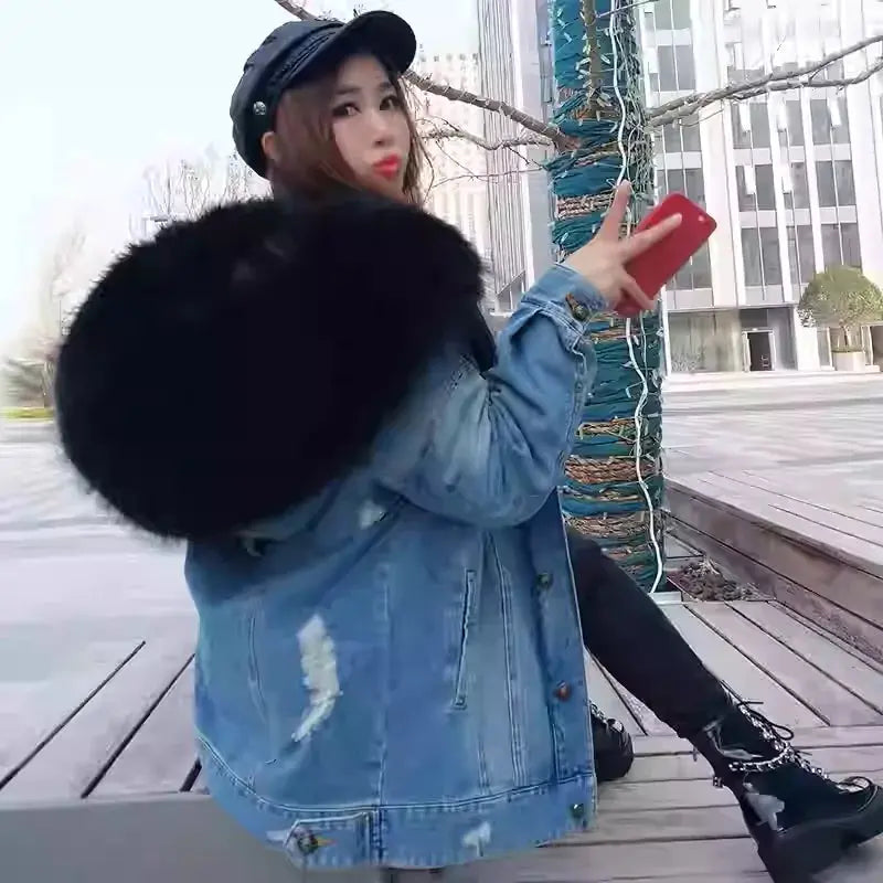 Maomaokong Denim Jacket Parka Winter Women Parkas Real Fur Collar Coat Natural Raccoon Fur Hood Real Rabbit Fur Liner Luxury FZwear