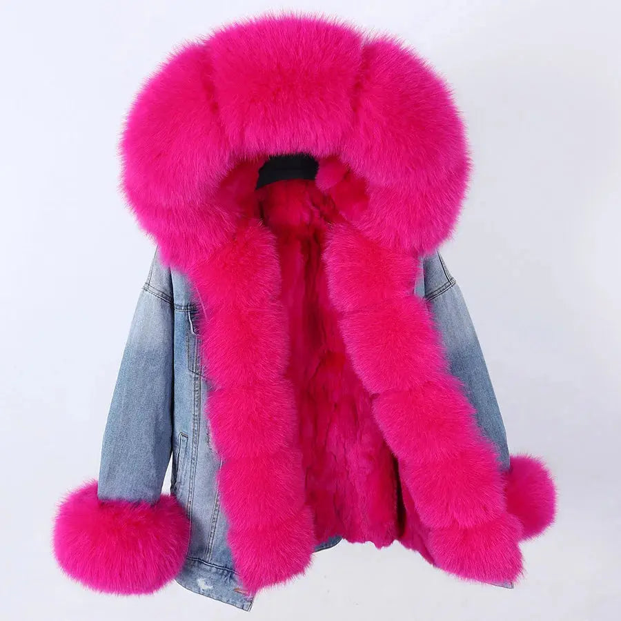 Maomaokong Denim Jacket Parka Winter Women Parkas Real Fur Collar Coat Natural Raccoon Fur Hood Real Rabbit Fur Liner Luxury FZwear