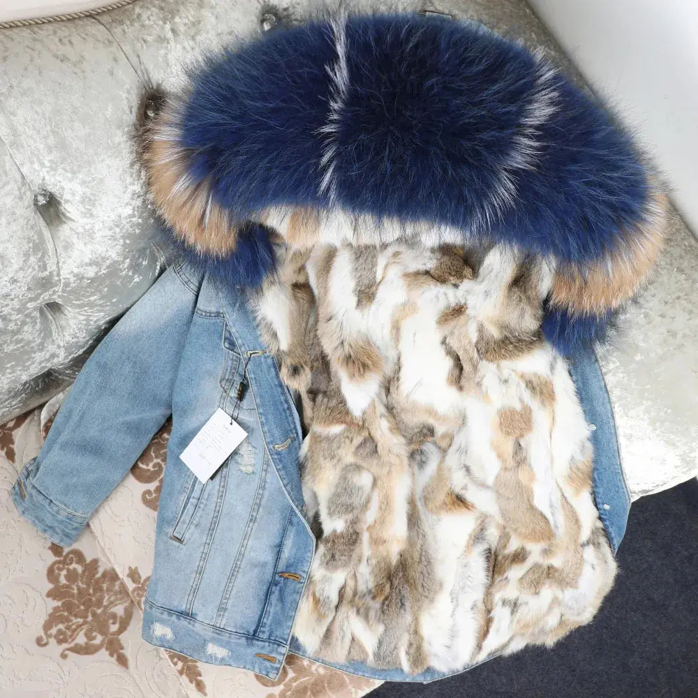 Maomaokong Denim Jacket Parka Winter Women Parkas Real Fur Collar Coat Natural Raccoon Fur Hood Real Rabbit Fur Liner Luxury FZwear