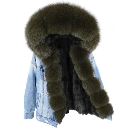 Maomaokong Denim Jacket Parka Winter Women Parkas Real Fur Collar Coat Natural Raccoon Fur Hood Real Rabbit Fur Liner Luxury FZwear