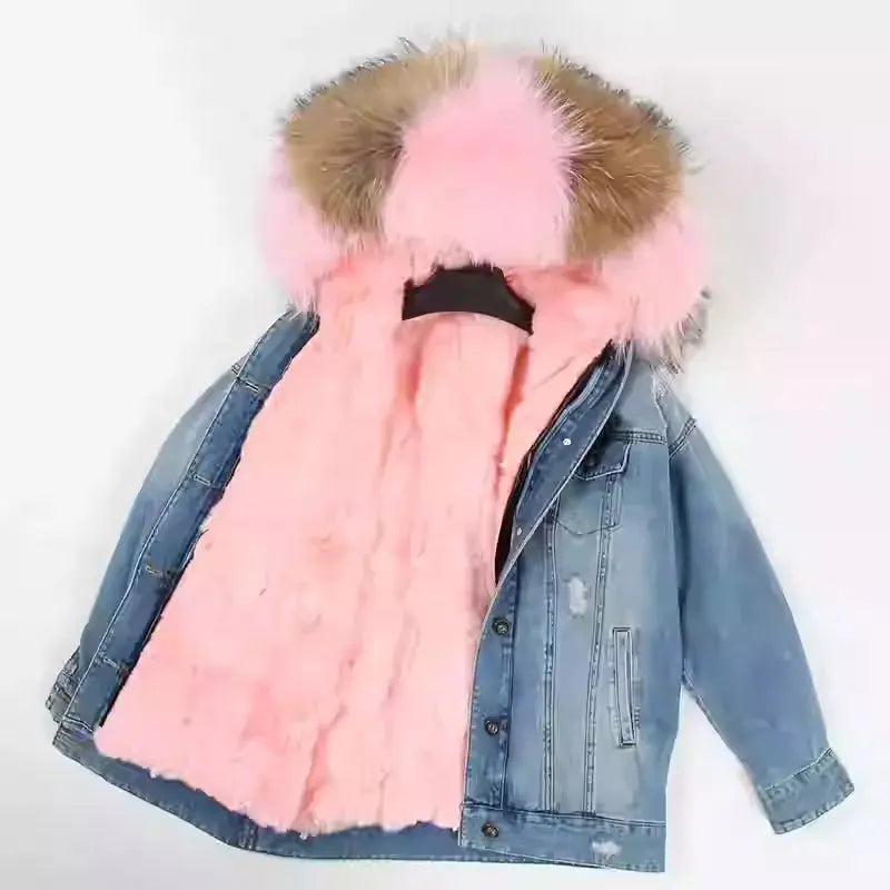 Maomaokong Denim Jacket Parka Winter Women Parkas Real Fur Collar Coat Natural Raccoon Fur Hood Real Rabbit Fur Liner Luxury FZwear